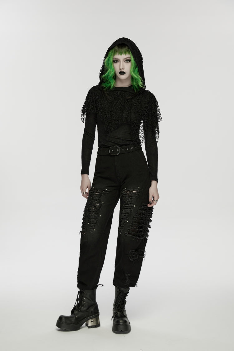 Black Ripped Zippered Eyelet Women's Punk Unedged Decadent Denim Pants - Product - 6