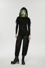 Black Ripped Zippered Eyelet Women's Punk Unedged Decadent Denim Pants - Product - 6