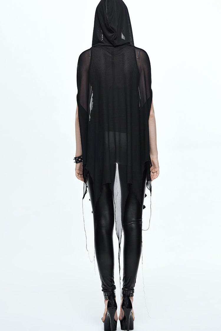Black Mesh Wavy Sideline Long Women's Punk Hooded Bat Shawl - Product - 6