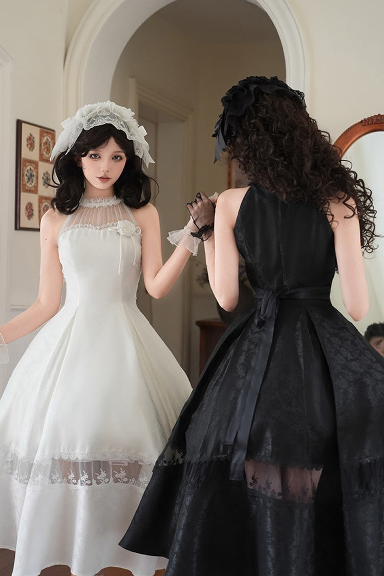 White [Flowers in the Mist] Off Shoulder Halterneck Print Ruffle Gothic Elegant Lolita Dress - Product - 7
