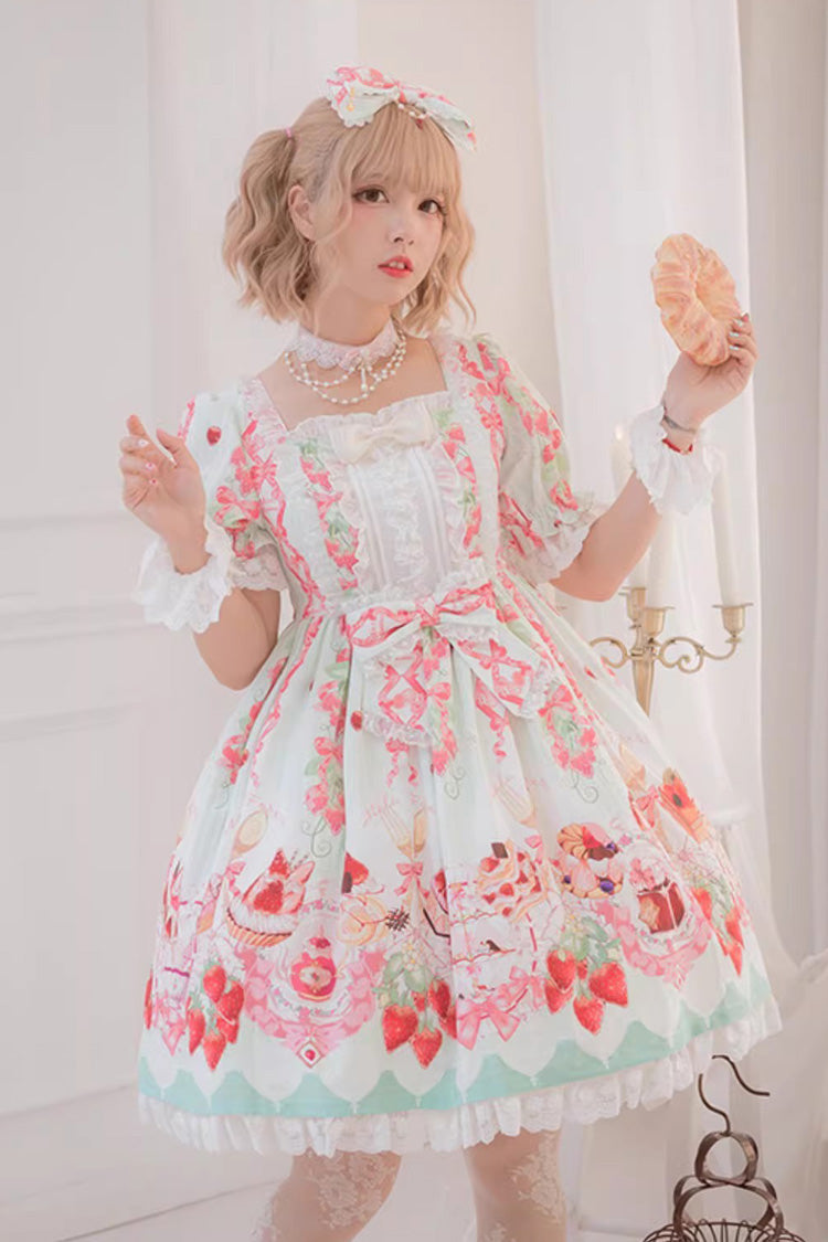 [Strawberry Feast] Short Sleeves Printed Ruffled Bow Sweet Lolita Dress 4 Colors - Product - 4