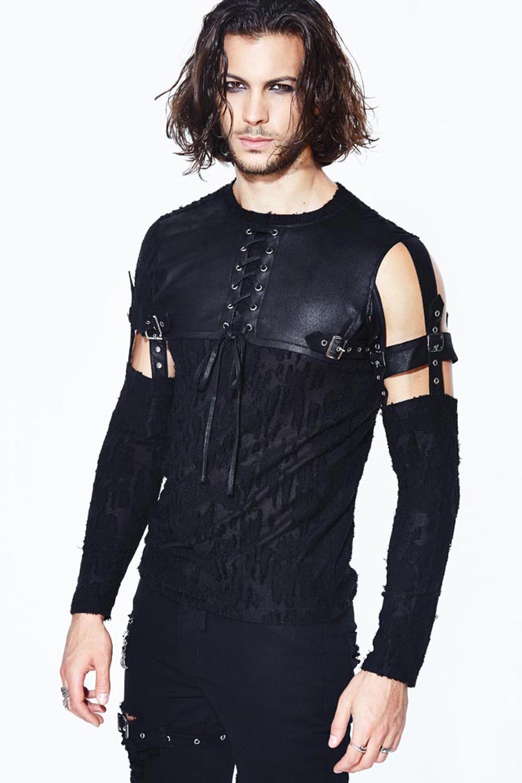 Black Leather Loop Sleeve Irregular Jacquard Knitted Chest Lace Up Removable Men's Punk Shirt - Product - 2