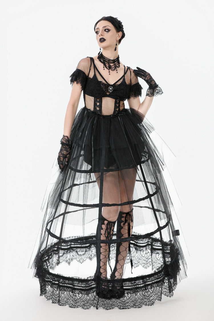 Black V Collar Short Sleeves Multi-Layered Sheer Mesh Women's Gothic Dress - Product - 2