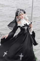 Black [Cross Nun] Stand Collar Off Shoulder Print Bowknot Gothic Elegant Lolita Dress - Product - 4