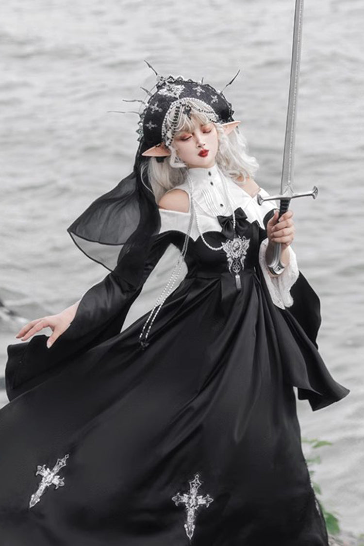 Black [Cross Nun] Stand Collar Off Shoulder Print Bowknot Gothic Elegant Lolita Dress - Product - 4