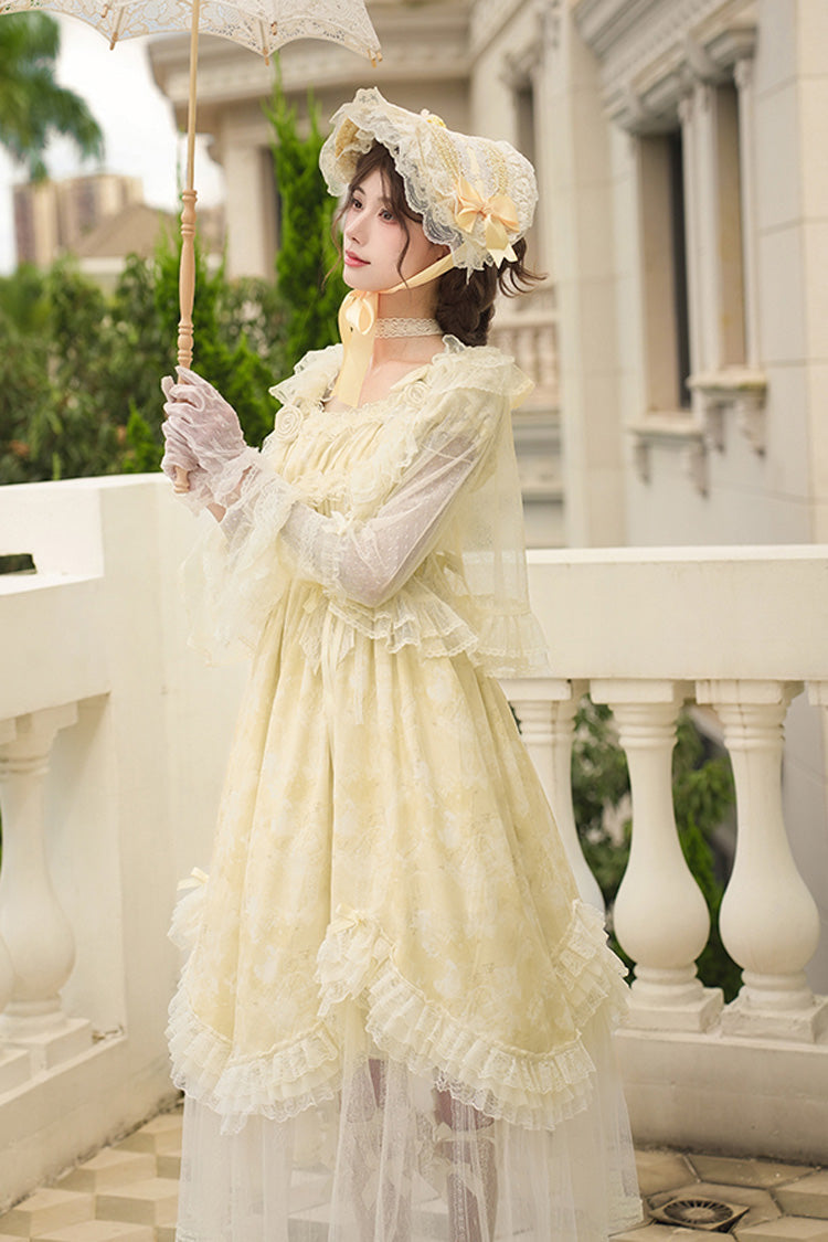 Yellow [Falling Flowers as a Message] Square Collar Short Sleeves Print Ruffle Lace Sweet Elegant Lolita Long Dress - Product - 6