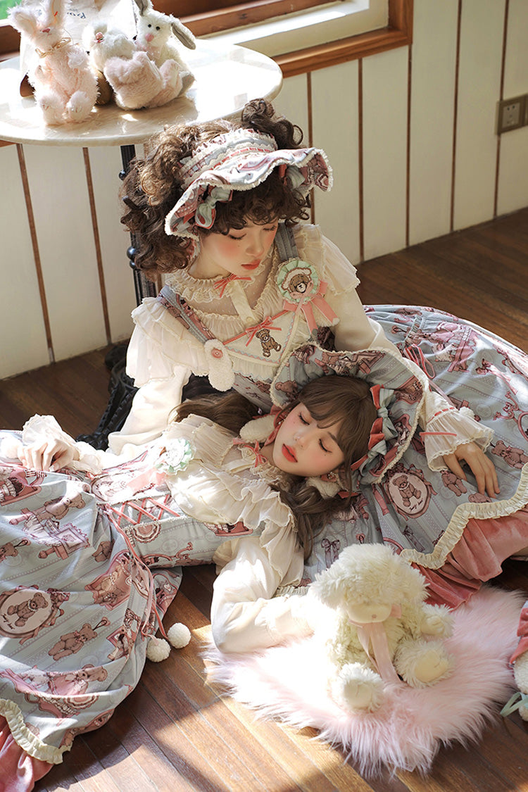 Pink/Green Bear Doll Wall Print Ruffle Embroidery Bowknot Sweet Lolita Jsk Dress - Product - 11