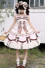 Pink [Shengqiao Tata] Sleeveless Print Ruffle Bowknot Lace-Up Sweet Elegant Lolita Jsk Dress - Product - 2