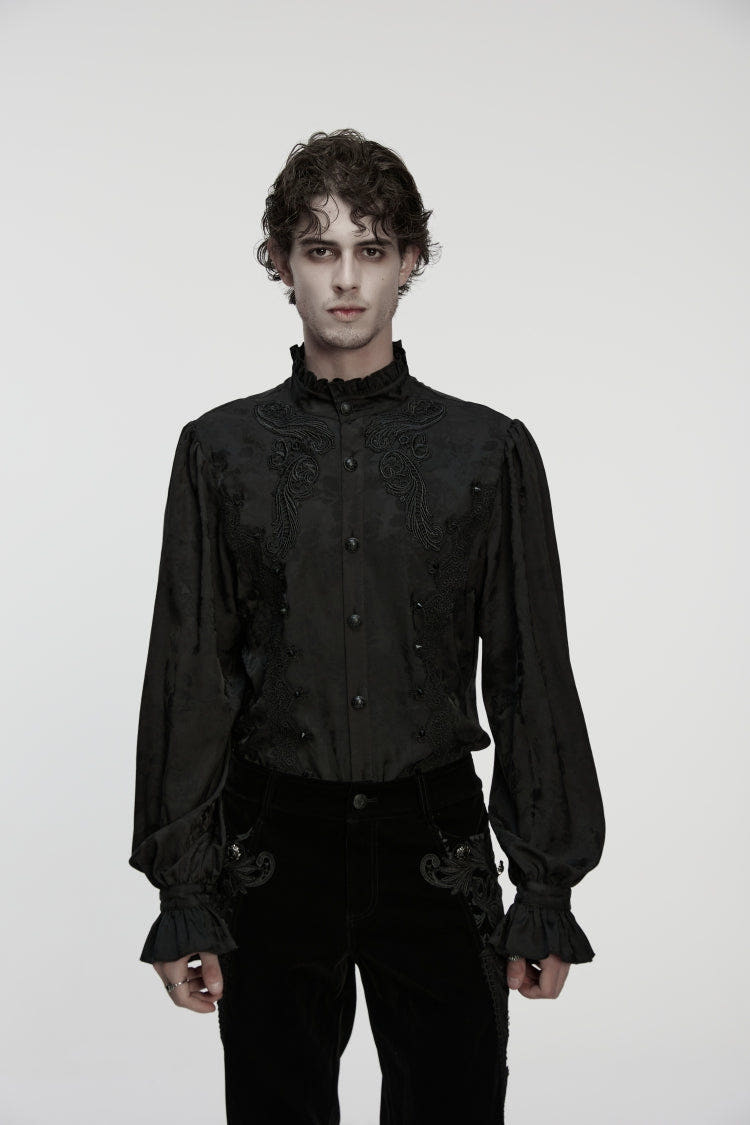 Black Stand Collar Long Puff Sleeves Embroidered Studded Men's Gothic Royal Shirt - Black - 1