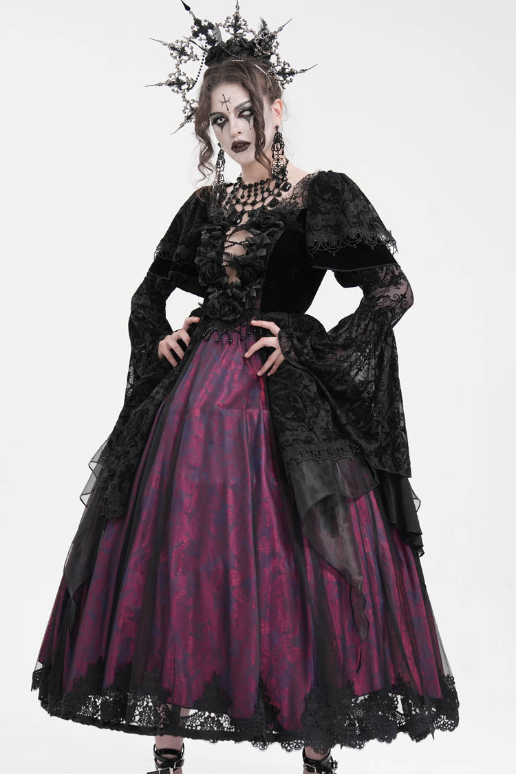 Black/Purple Crochet Long Sleeves Hanayome Lace Women's Gothic Dress - Product - 3