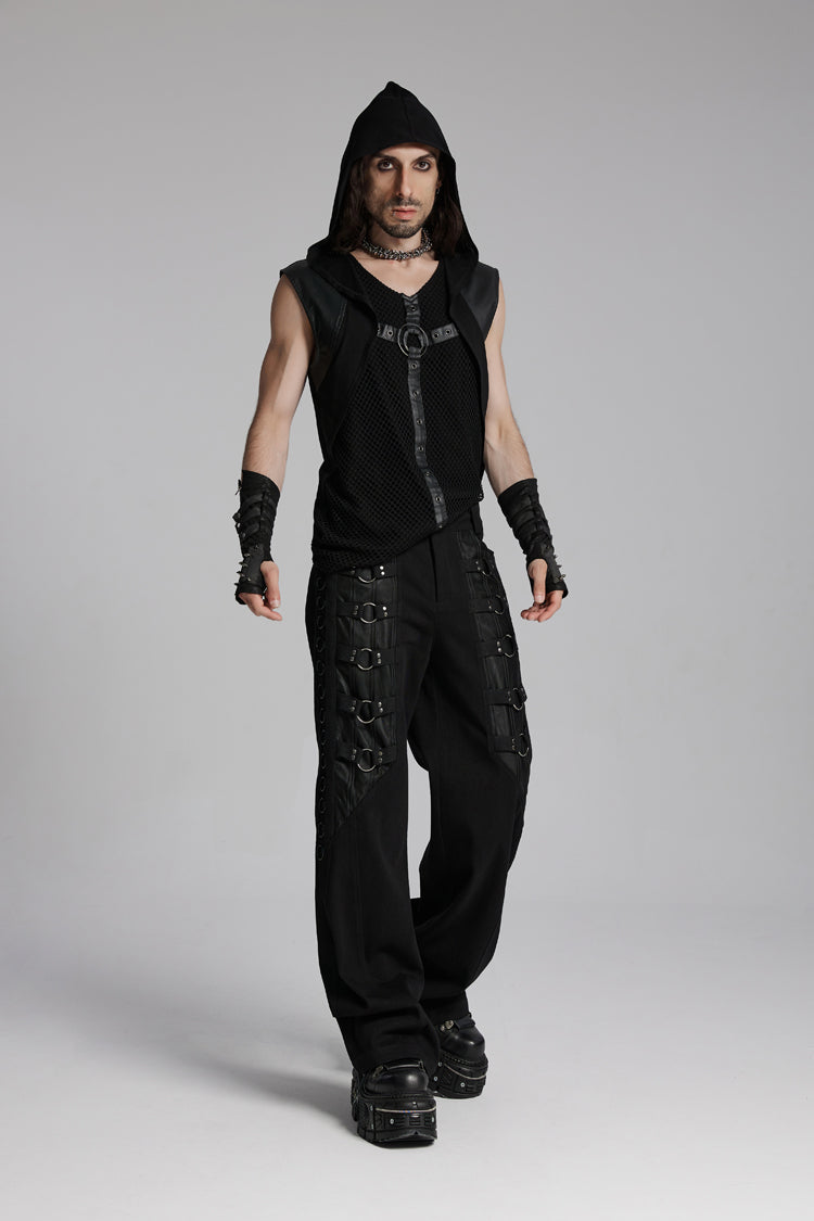 Black V Collar Sleeveless Hooded Mesh Eyelets Men's Punk Vest - Product - 4