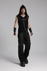 Black V Collar Sleeveless Hooded Mesh Eyelets Men's Punk Vest - Product - 4