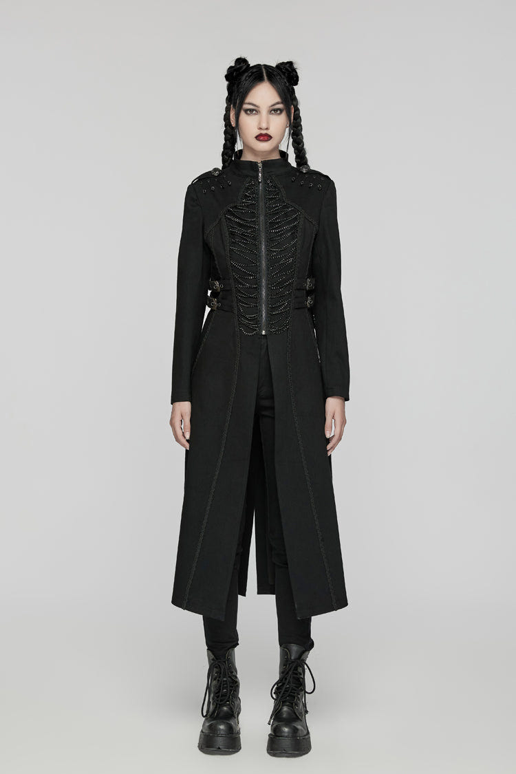 Black Stand Collar Chain Zipper Long Sleeves Women's Gothic Long Coat - Product - 2
