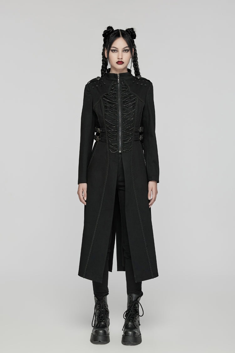 Black Stand Collar Chain Zipper Long Sleeves Women's Gothic Long Coat - Product - 2