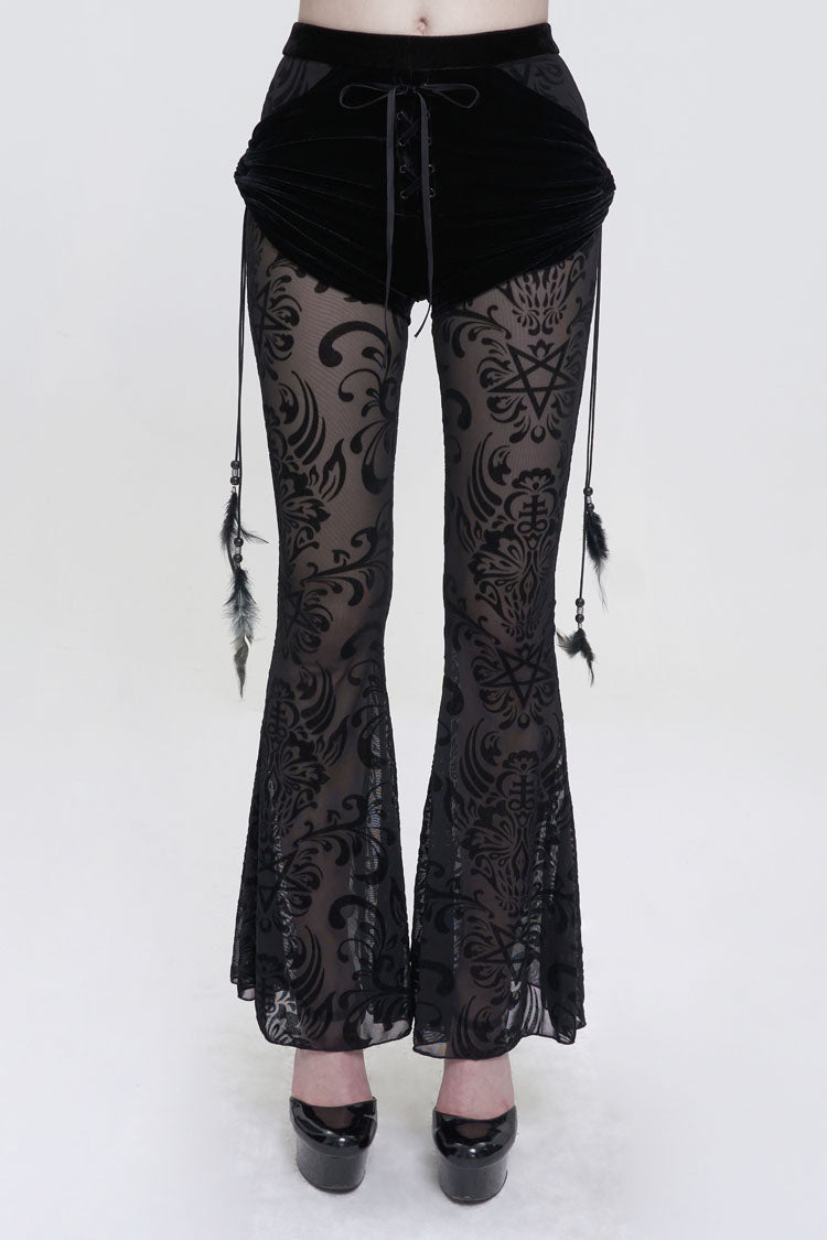 Black Flocking Mesh Side Hanging Feather Pendant Fake Two-Piece Long Women's Gothic Flared Pants - Black - 1