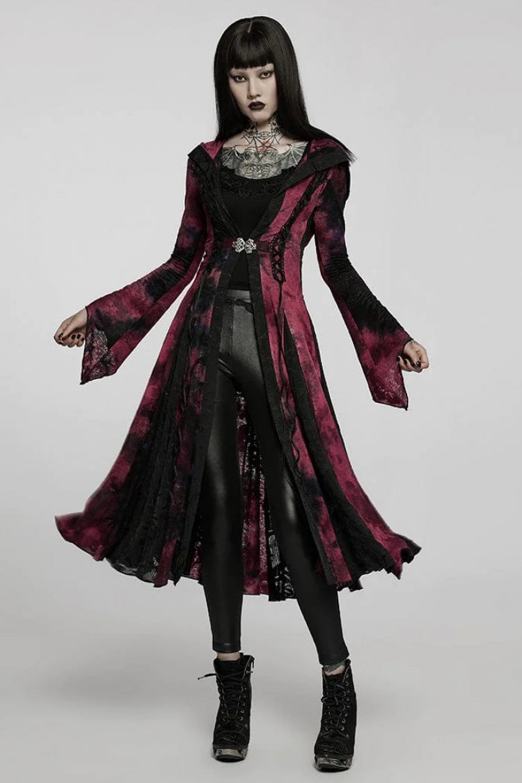 Red/Black Long Trumpet Sleeves Stitching Hooded Womens Gothic Vintage Coat - Product - 4