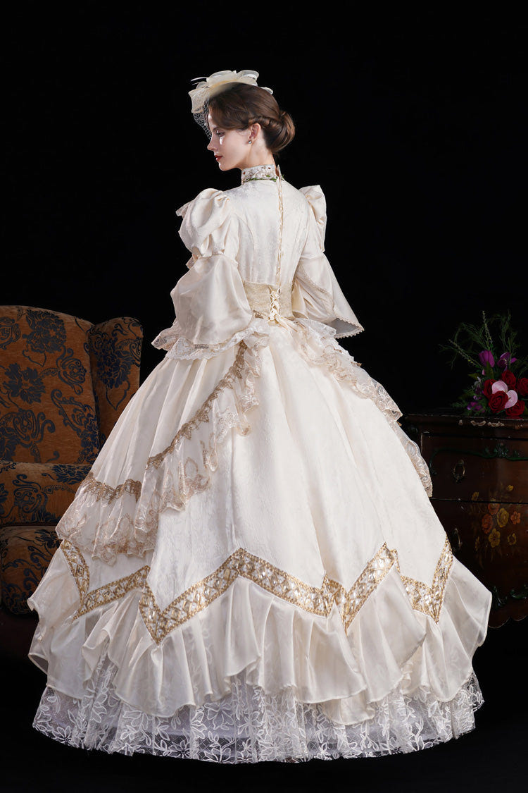 Champagne Stand Collar Long Sleeves Jacquard Wedding Style Open-Front Lace Sweet Princess Royal Lolita Victorian Dress - Product - 7