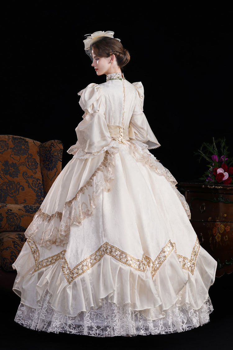 Champagne Stand Collar Long Sleeves Jacquard Wedding Style Open-Front Lace Sweet Princess Royal Lolita Victorian Dress - Product - 7