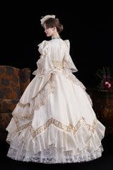 Champagne Stand Collar Long Sleeves Jacquard Wedding Style Open-Front Lace Sweet Princess Royal Lolita Victorian Dress - Product - 7