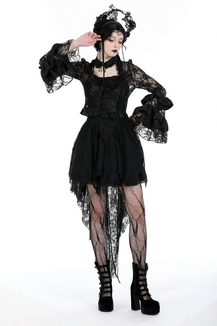 Black Multi-Layered Long Trumpet Sleeves Lace Lace-Up Women's Gothic Top - Product - 6