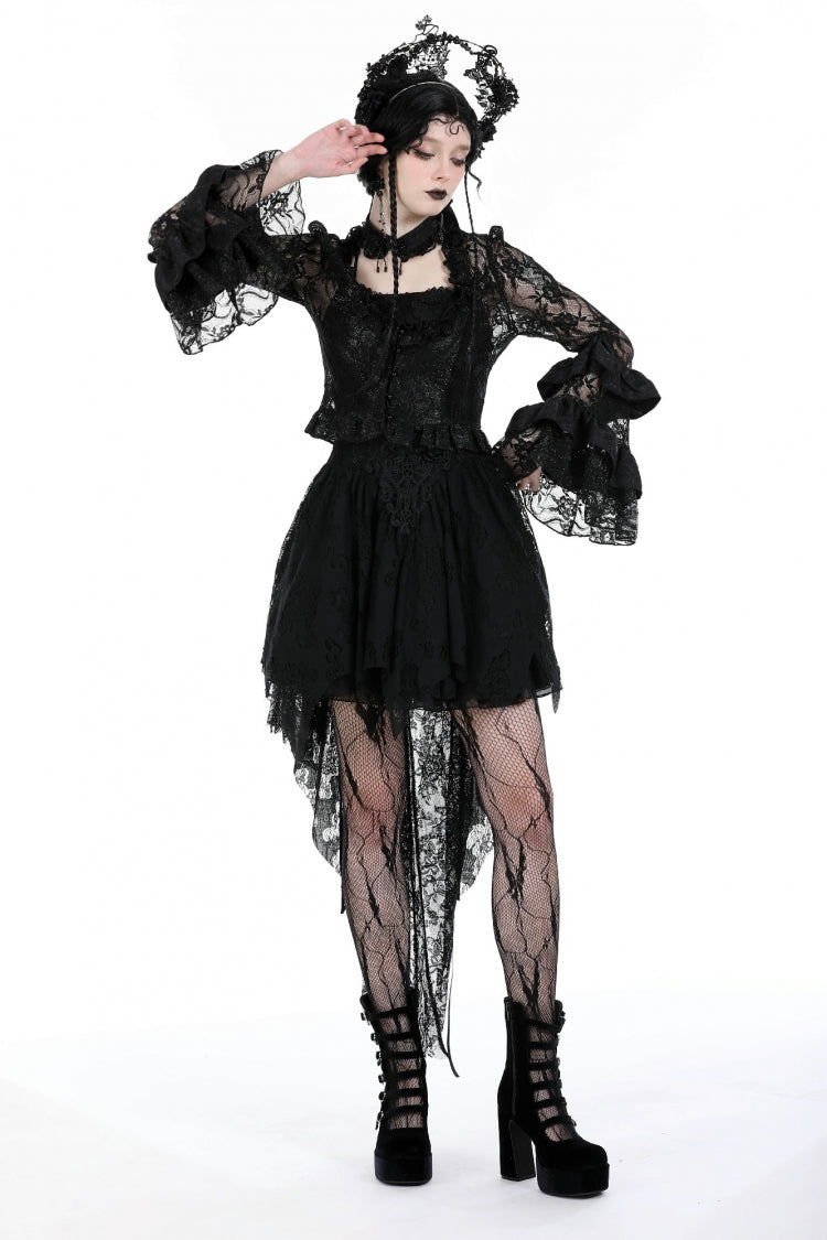 Black Multi-Layered Long Trumpet Sleeves Lace Lace-Up Women's Gothic Top - Product - 6