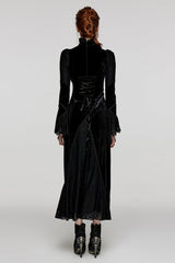 Black Stand Collar Long Trumpet Sleeves Stitching Lace Women's Gothic Dress - Product - 3