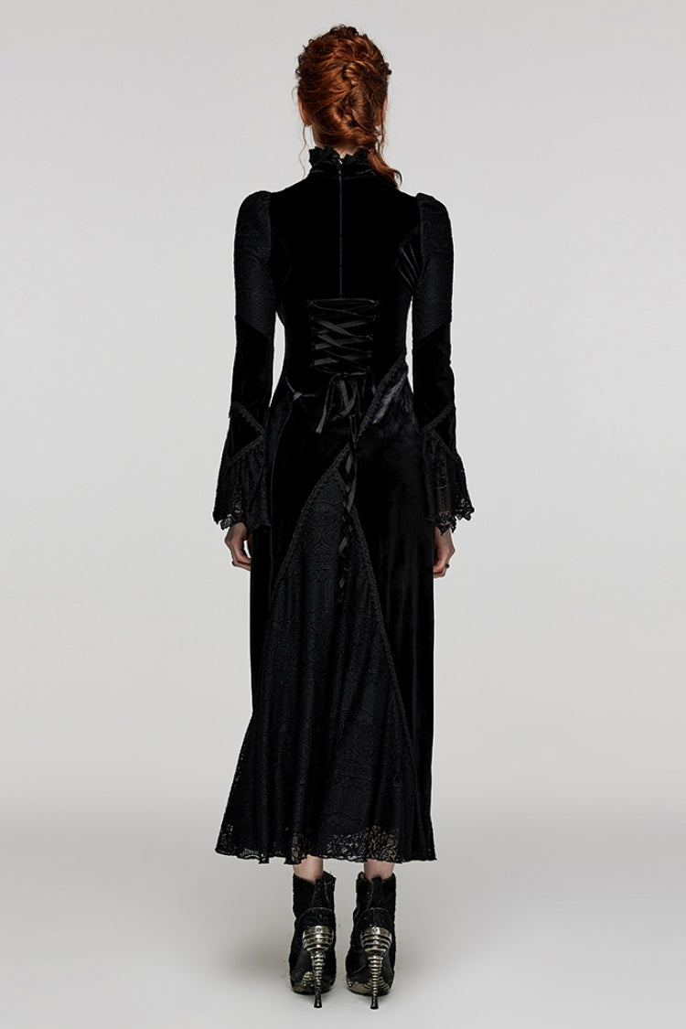 Black Stand Collar Long Trumpet Sleeves Stitching Lace Women's Gothic Dress - Product - 3