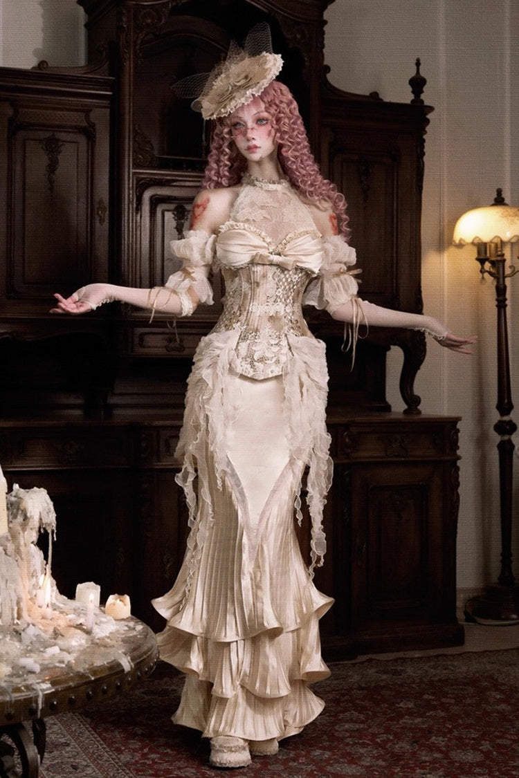 Golden [Cupid’s Poetry Box] Halterneck Ruffled Embroidered Bow Lace Slim Fishbone Gothic Lolita Top and Skirt Dress Set - Product - 2