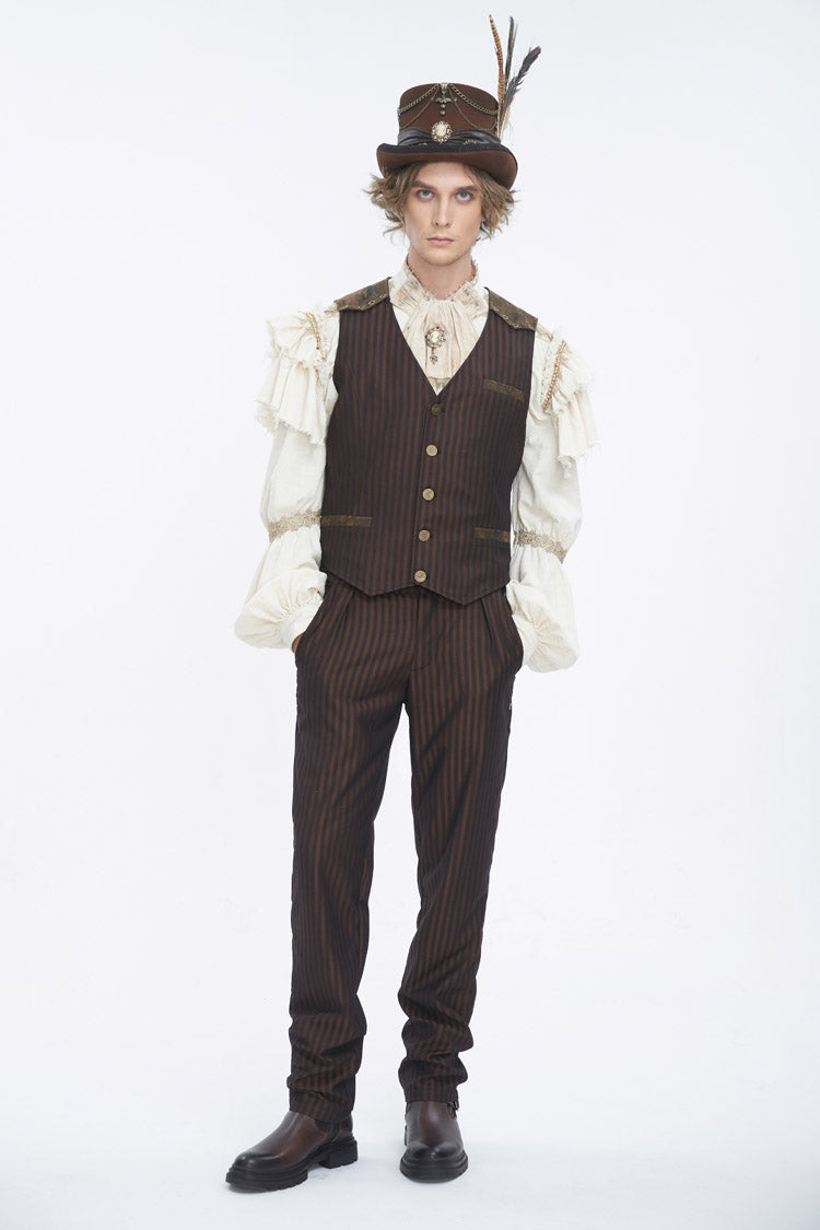 Brown High Waisted Lace-Up Striped Men's Gothic Pants - Product - 4