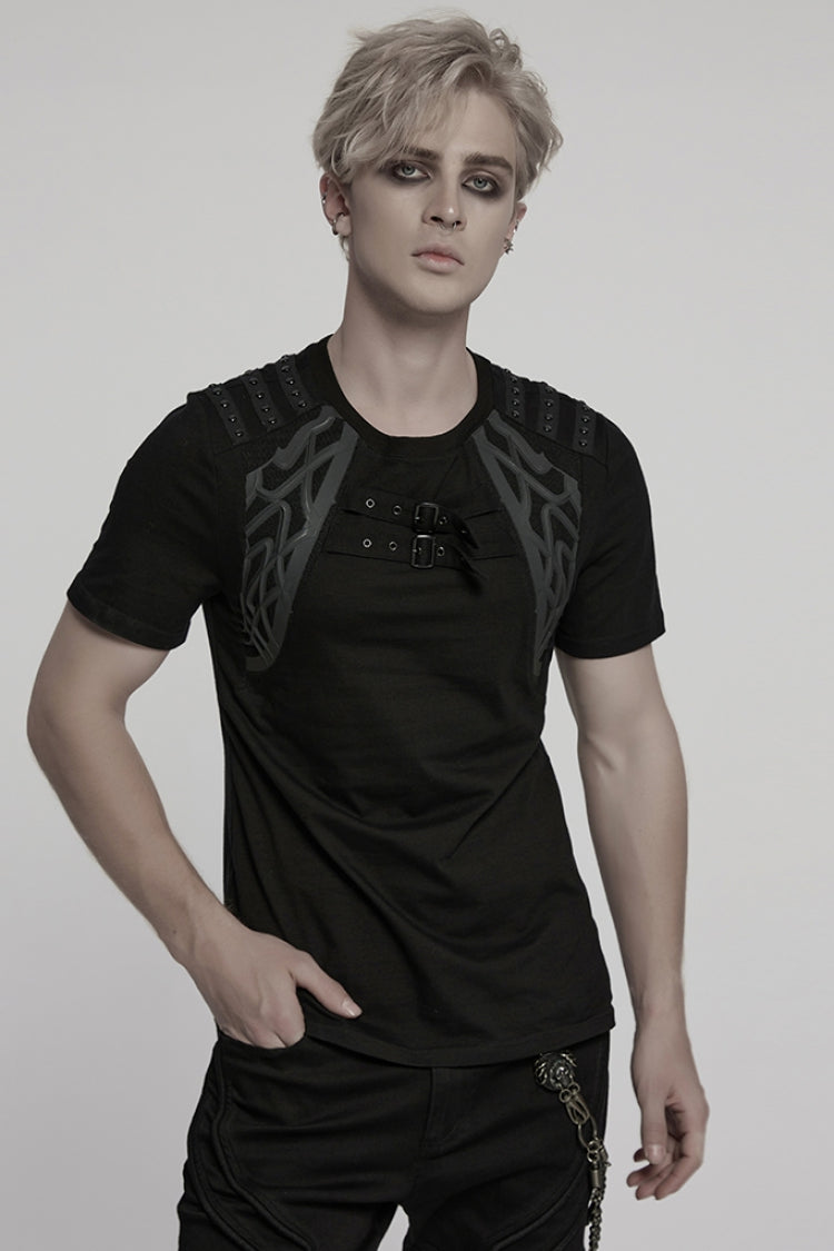 Black Round Collar Short Sleeves Studded Buckle Strap Men's Punk T-Shirt - Black - 1