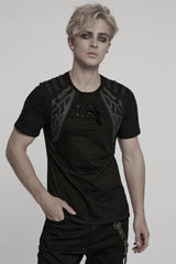 Black Round Collar Short Sleeves Studded Buckle Strap Men's Punk T-Shirt - Black - 1