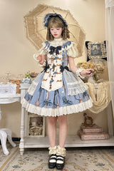 Blue [The Witch’s Banquet] Sleeveless Printed Ruffled Embroidered Bow Lace Sweet Lolita Jsk Dress - Blue - 1