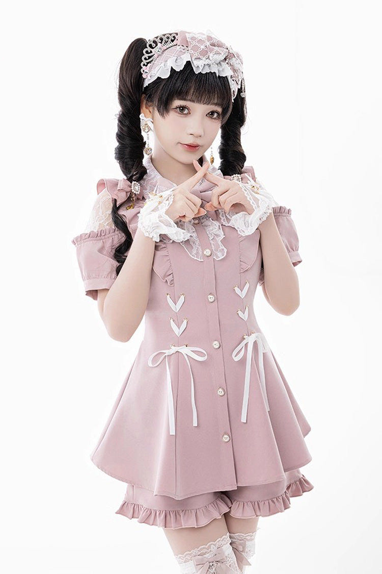 [Alice of Wednesday] Sweet Off Shoulder Short Sleeves Ruffle Bowknot Lace-Up Japanese Jirai Kei Dress Shorts Set 3 Colors - Pink - 13