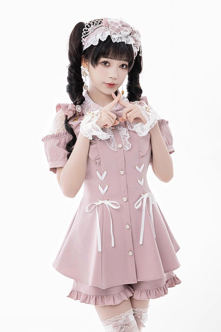 [Alice of Wednesday] Sweet Off Shoulder Short Sleeves Ruffle Bowknot Lace-Up Japanese Jirai Kei Dress Shorts Set 3 Colors - Pink - 13