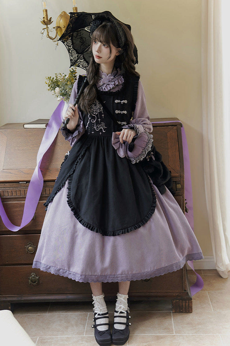 Black/Purple Petal Collar Drawstring Long Sleeves Embroidery Sweet Chinese Style Lolita Dress Two-piece Set - Black/Purple - 1