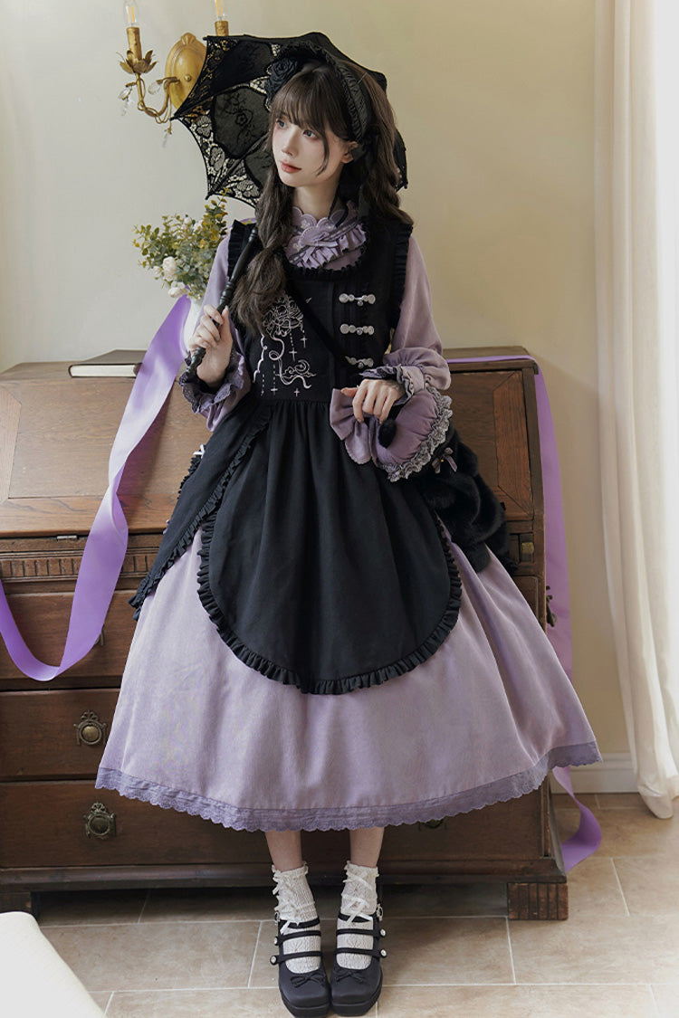 Black/Purple Petal Collar Drawstring Long Sleeves Embroidery Sweet Chinese Style Lolita Dress Two-piece Set - Black/Purple - 1