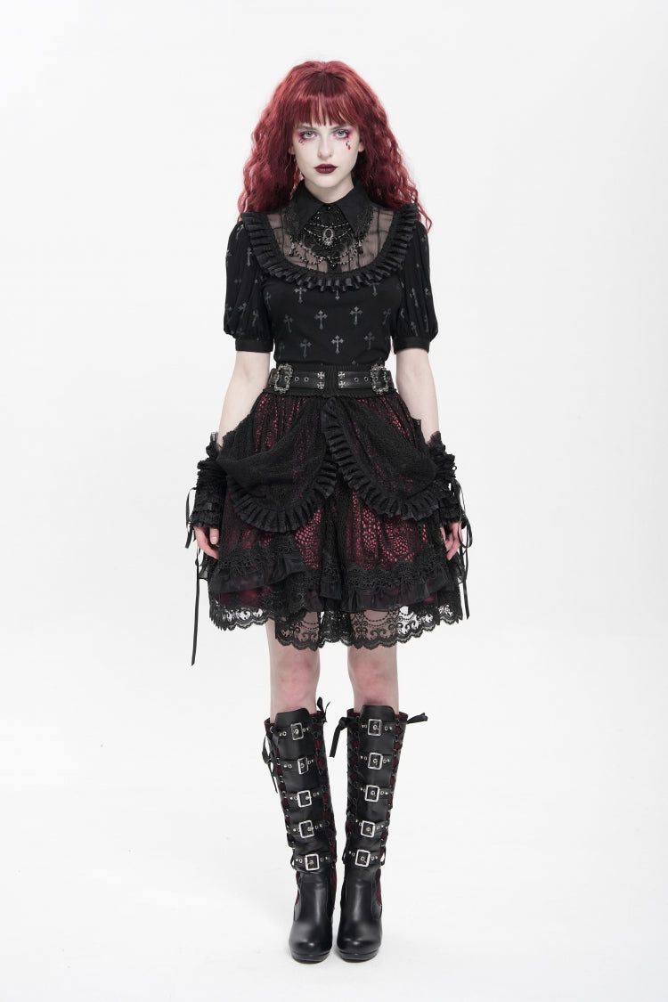 Black/Red Multi-Layered Ruffle Buckle Straps Women's Gothic Skirt - Product - 9