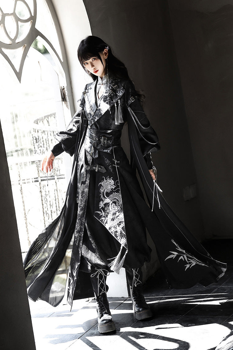 Black [Shadow Dragon Diving Into the Abyss] Long Sleeves Jacquard Embroidered Gothic Chinese Inspired Hanfu Ouji Lolita Set - Product - 12