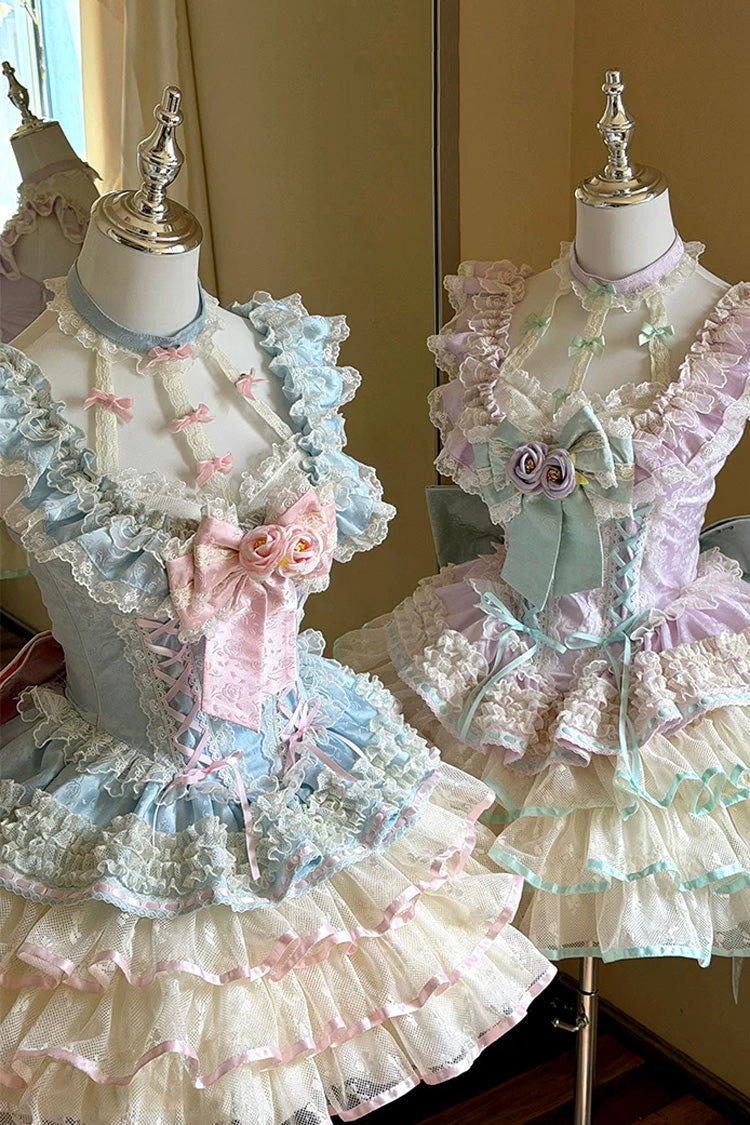Blue [Flower Language of Eros] Halterneck Multi-Layered Ruffle Bowknot Rose Lace Lace-Up Sweet Ballet Lolita Jsk Dress - Blue - 1