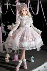 Pink/Blue [Pegasus Park] Multi-Layered Print Ruffle Bowknot Lace Sweet Gorgeous Lolita Jsk Dress - Product - 4
