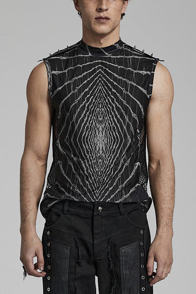 Halo Print Sleeveless Stitching Mesh Rivets Mens Steampunk T-Shirt 2 Colors - Black/Grey - 1