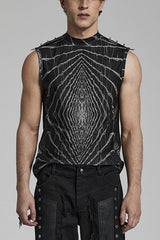 Halo Print Sleeveless Stitching Mesh Rivets Mens Steampunk T-Shirt 2 Colors - Black/Grey - 1