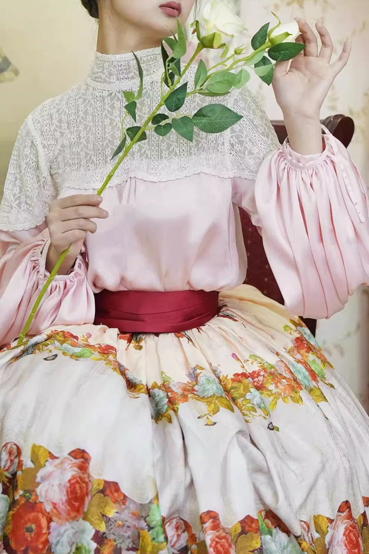 Red [Rainy Season Garden] Print Ruffle Sweet Classic Lolita Skirt - Product - 5