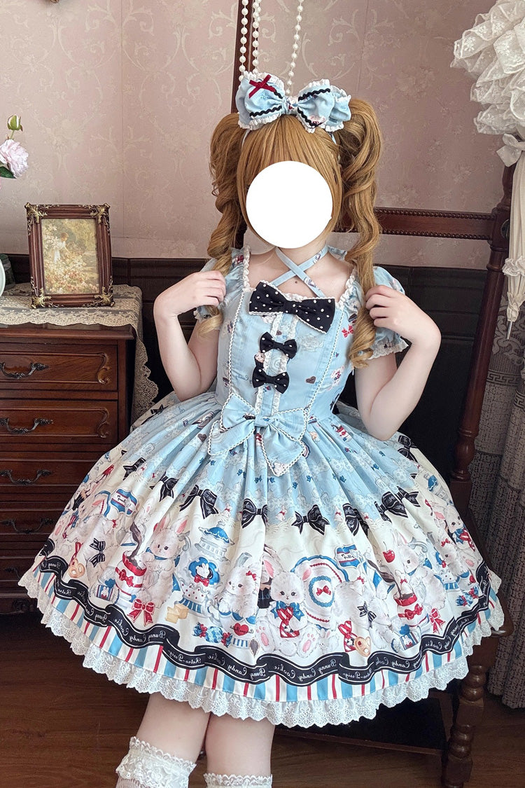 ブルー [Mystery Rabbit Tea Party] スクエアカラー 半袖 プリント フリル リボン レース スウィートロリータ ワンピース 商品画像