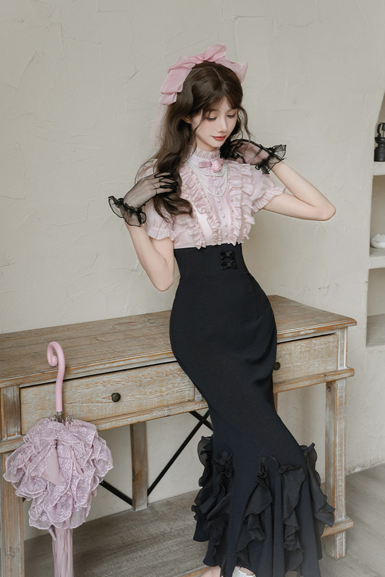 Pink/Black [Miss Lola] Stand Collar Short Sleeves Multi-Layered Ruffle Bowknot Sweet Lolita Mermaid Dress - Product - 2