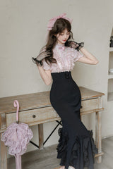 Pink/Black [Miss Lola] Stand Collar Short Sleeves Multi-Layered Ruffle Bowknot Sweet Lolita Mermaid Dress - Product - 2
