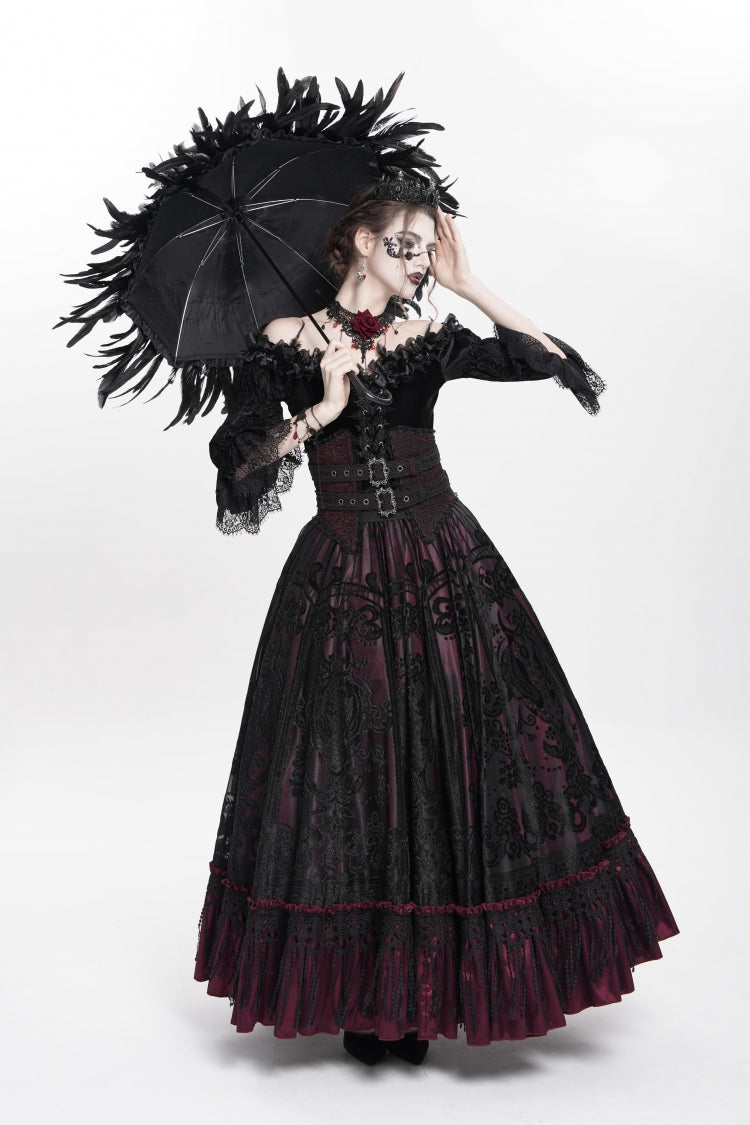 Red Jacquard Embroidery Buckle Tassels Women's Gothic Long Skirt - Product - 11