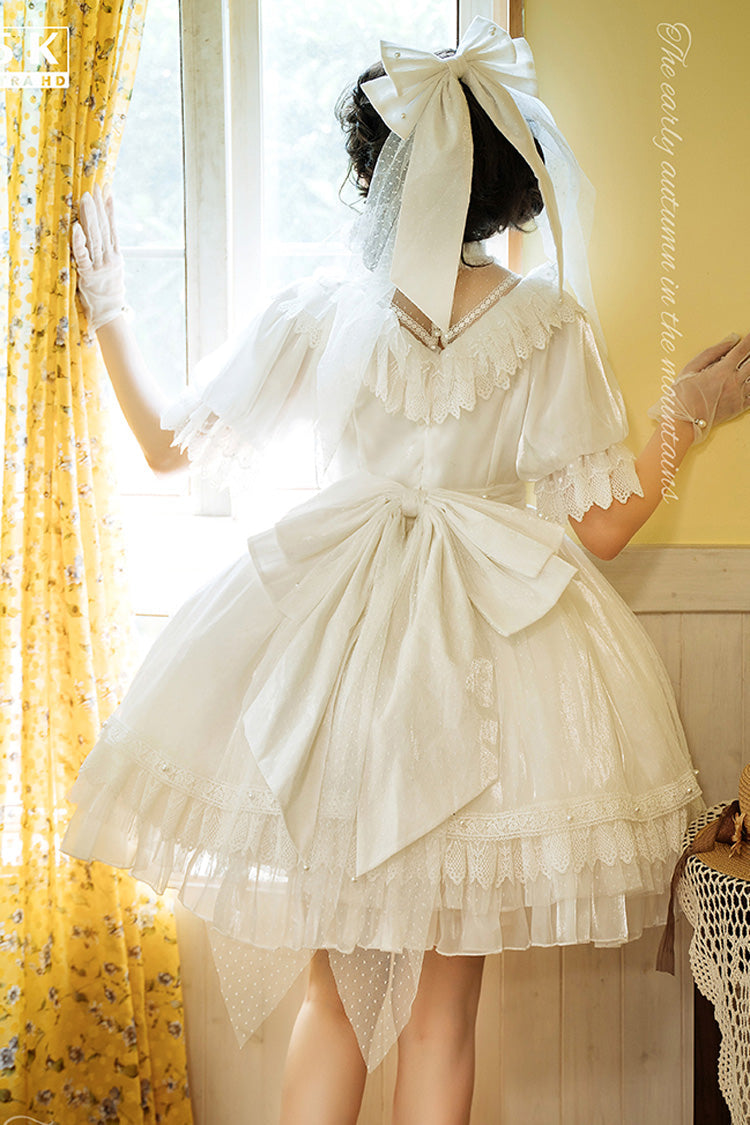 White Multi-Layered Ruffle Hanayome Hollow Bowknot Lace Sweet Vintage Gorgeous Lolita Dress - Product - 7