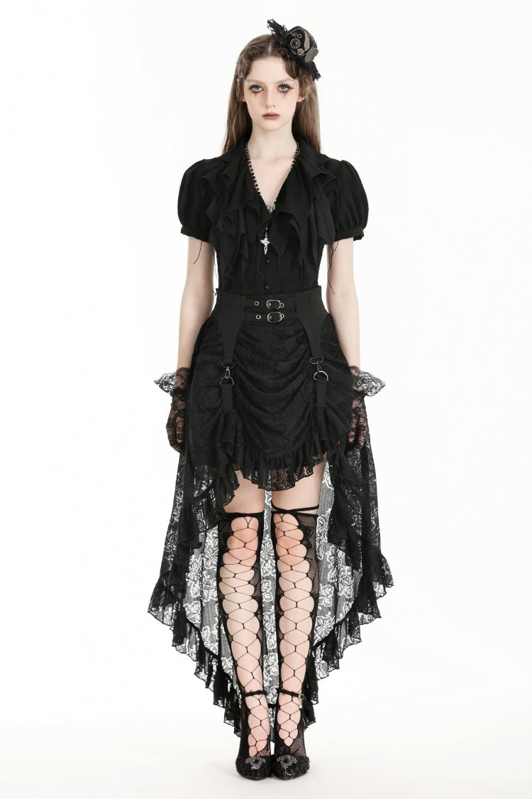 Black Women's Gothic Princess High Waisted Lace Lace-Up Buckled High/Low Tail Hem Maxi Skirt - Black - 1