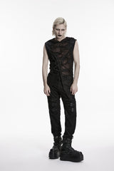 Black Sleeveless Cut-Out Spliced Lace-Up Hooded Sheer Asymmetric Eyelet Men's Punk Handsome Vest - Product - 5